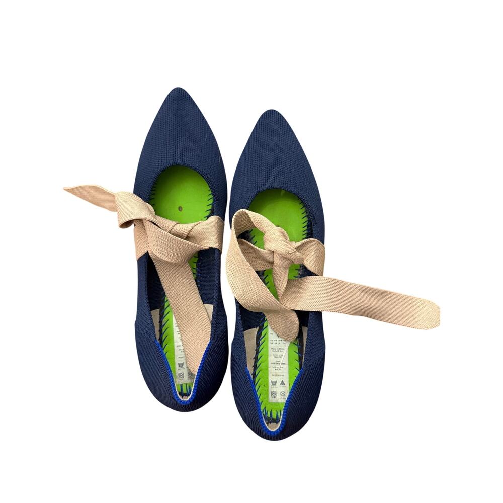 Rothy's Navy Pointed Knit Flats with Beige Tie